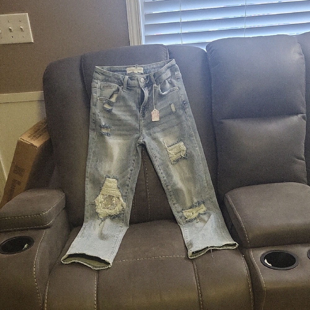RisenDistressed Light Blue Women's Jeans With "Sequins" In Distressing